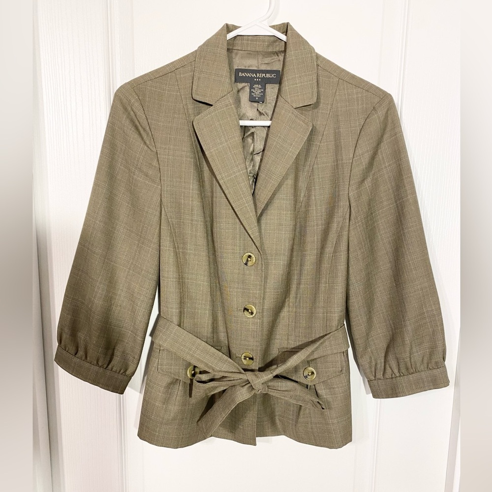 Y2K Banana Republic Belted 3/4 Sleeve Plaid Wool Blend Blazer Vintage Taupe Sz 8